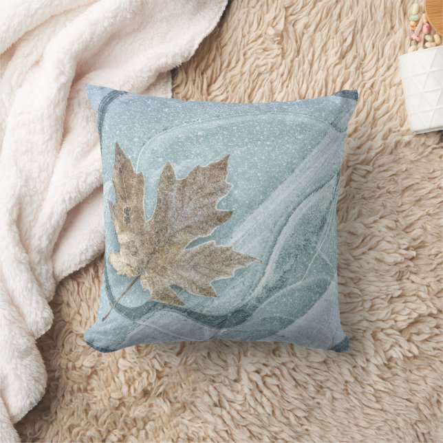 Frosty Maple Leaf Frozen on Ice Throw Pillow (Blanket)