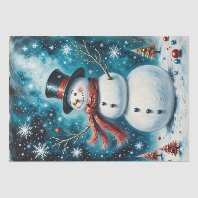 Frosty Night Snowman Whimsical Christmas Decoupage Tissue Paper (Front)