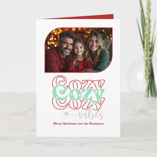 Frosty Peppermint Cozy Vibes Retro Christmas Photo Holiday Card (Front)