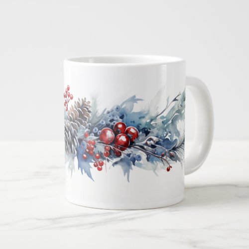 Frosty Pinecones Red Winter Berry Birch Branches Giant Coffee Mug