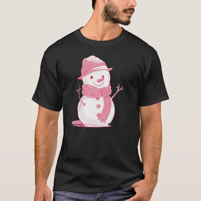 Frosty Pink Christmas Snowman T-Shirt (Front)