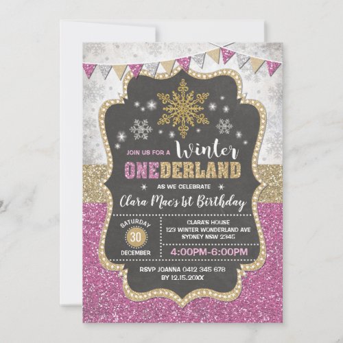 Frosty Pink Gold Winter Wonderland 1st Birthday Invitation