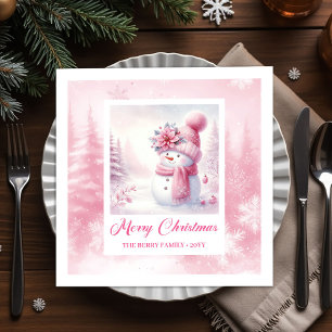 Frosty Pink Snowman Winter Scene Christmas Napkins