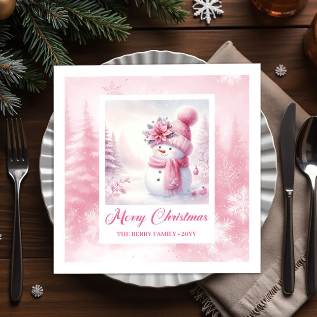 Frosty Pink Snowman Winter Scene Christmas Napkins (Frosty Pink Snowman Winter Scene Christmas Napkins Kids)