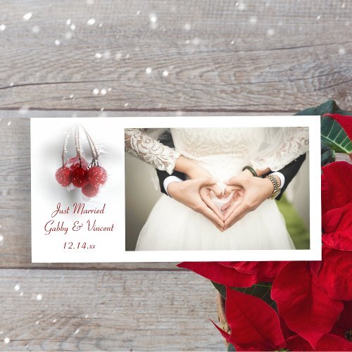 Frosty Red Berries Winter Just Married Photo Card