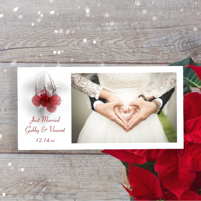 Frosty Red Berries Winter Just Married Photo Card (Creator Uploaded)