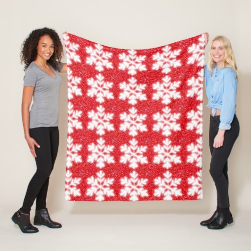 Frosty red North Pole snowflakes  sparkling snow  Fleece Blanket