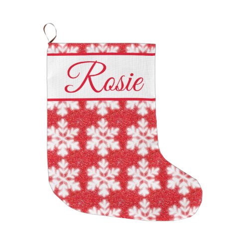 Frosty red North Pole snowflakes  sparkling snow Large Christmas Stocking