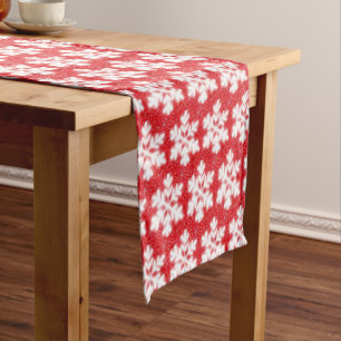 Frosty red North Pole snowflakes sparkling snow Short Table Runner