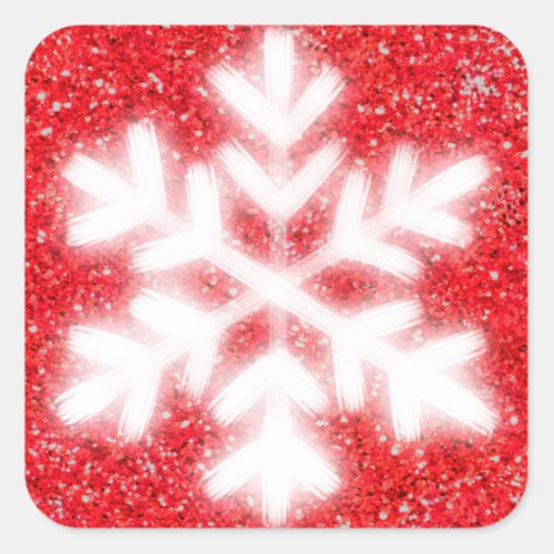 Frosty red North Pole snowflakes  sparkling snow Square Sticker