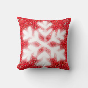 Frosty red North Pole snowflakes sparkling snow Throw Pillow
