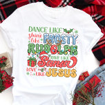 Frosty Rudolph Santa Jesus Christian Christmas Tri-Blend Shirt<br><div class="desc">Celebrate the joy of the Christmas season with this fun and meaningful "Dance Like Frosty, Shine Like Rudolph, Give Like Santa, Love Like Jesus" shirt! Featuring a playful blend of beloved holiday icons and a heartfelt Christian message, this shirt is perfect for spreading cheer during the holidays. With vibrant colors...</div>