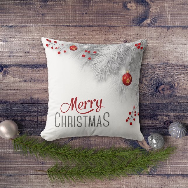 Frosty Silver Bough Red Decorations Christmas Throw Pillow (Creator Uploaded)
