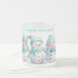Frosty Sky Blue Snowmen Frosted Glass Coffee Mug