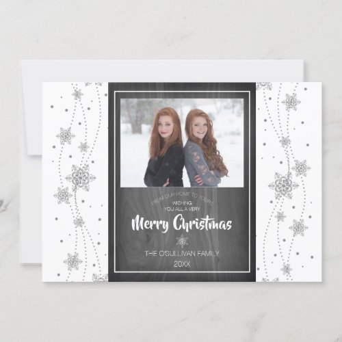 Frosty Snow Flurries Christmas Photo Greeting Holiday Card - Pretty faux gray wooden background with lovely and delicate snow flakes.  Modern and trendy font styles for a classic yet unique, festive design.
