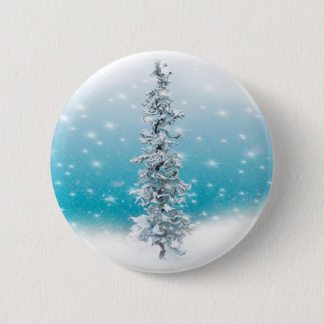 Frosty snow scene pine tree snowflakes button (Front)