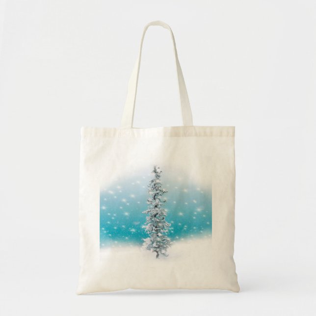 Frosty snow scene pine tree snowflakes tote bag (Front)