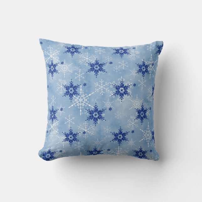 Frosty Snowflake Winter Christmas Navy Blue White Throw Pillow (Front)