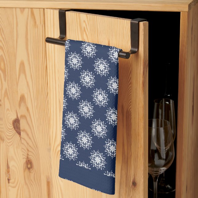 Frosty snowflakes on a midnight blue sky kitchen towel (Thirds Fold)