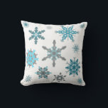 Frosty snowflakes throw pillow<br><div class="desc">Fluffy snowflake pattern in grey,  aqua,  teal and white.</div>