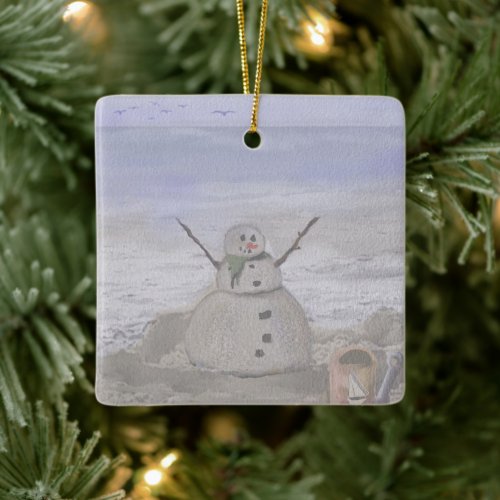 Frosty Snowman At The Beach Ceramic Ornament