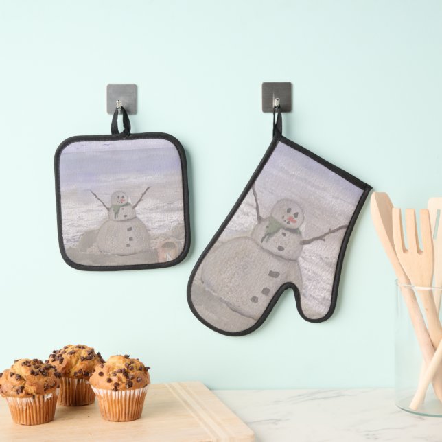 Frosty Snowman At The Beach Medium Gift Bag Oven Mitt & Pot Holder Set (Insitu(Hanging))
