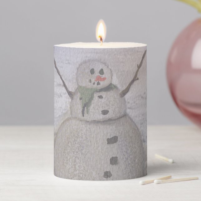 Frosty Snowman At The Beach Pillar Candle (In Situ)
