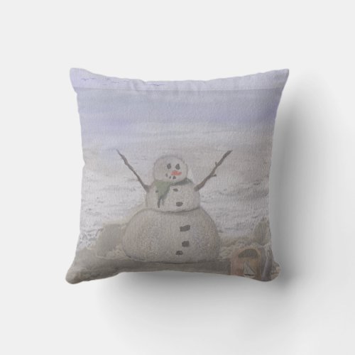 Frosty Snowman At The Beach Throw Pillow