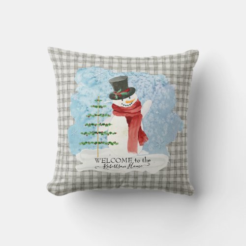 Frosty Snowman Winter Christmas Gray White Plaid Throw Pillow