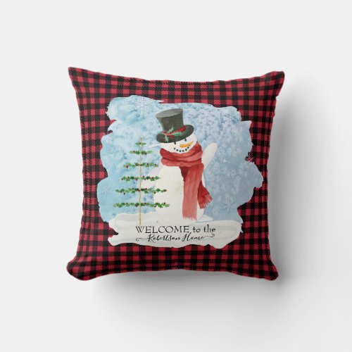 Frosty Snowman Winter Christmas Red Black Plaid Throw Pillow