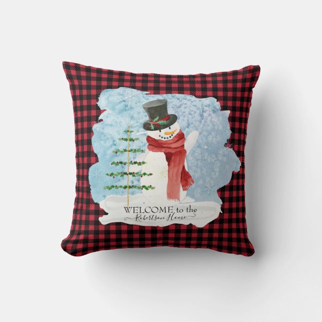 Frosty Snowman Winter Christmas Red Black Plaid Throw Pillow (Front)