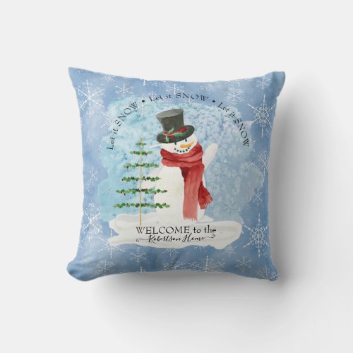 Frosty Snowman Winter Retro Christmas Snowflakes Throw Pillow