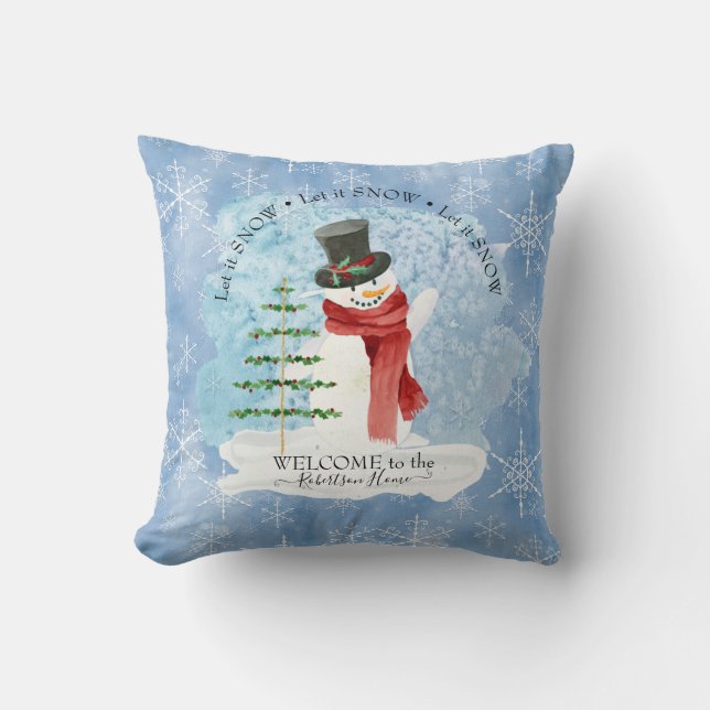 Frosty Snowman Winter Retro Christmas Snowflakes Throw Pillow (Front)
