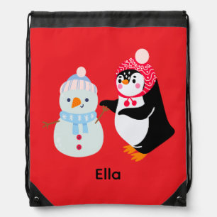 Frosty the Snowman and Penguin Drawstring Bag