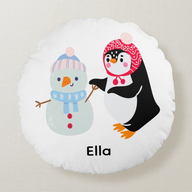 Frosty the Snowman and Penguin Round Pillow (Front)