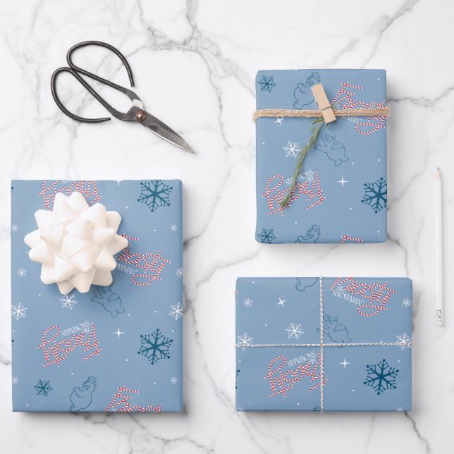 Frosty the Snowman Blue Snowflake Pattern Wrapping Paper Sheets (Front)