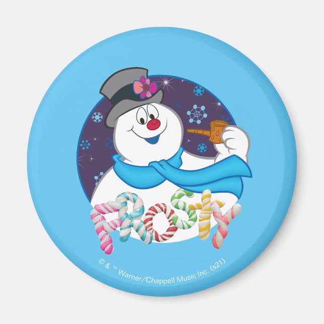 Frosty the Snowman™ | Colorful Candy Cane Name Magnet (Front)