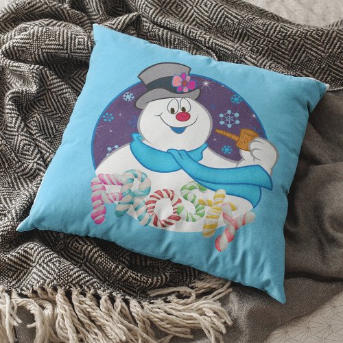 Frosty the Snowman  Colorful Candy Cane Name Throw Pillow