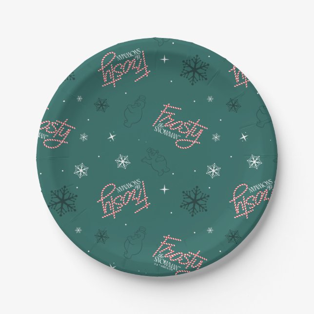 Frosty the Snowman Green Snowflake Pattern Paper Plates (Front)