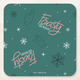 Frosty the Snowman Green Snowflake Pattern Square Paper Coaster
