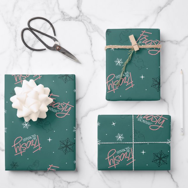 Frosty the Snowman Green Snowflake Pattern Wrapping Paper Sheets (Front)