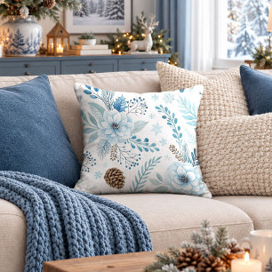 Frosty Watercolor Floral Throw Pillow Winter Decor