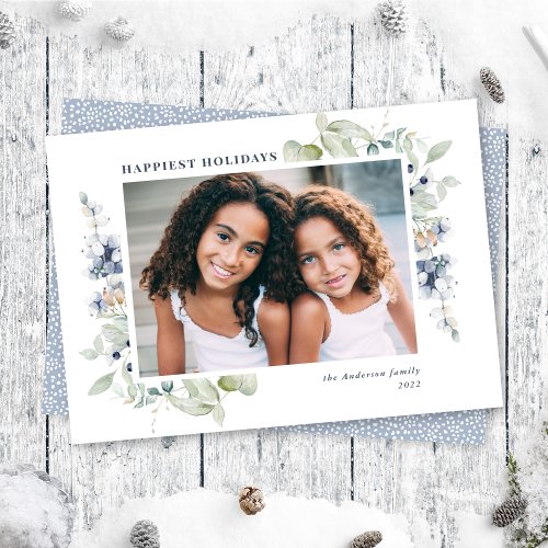 Frosty Watercolor Winter Foliage Berries Photo Holiday Card