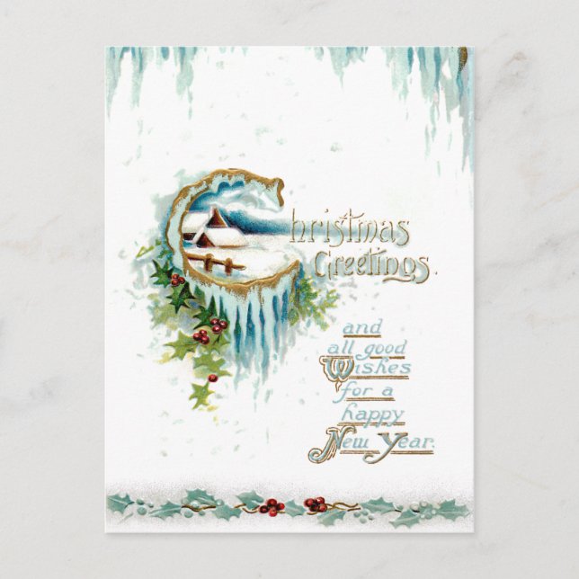 Frosty Winter Christmas Greetings w/Holly Border Postcard (Front)