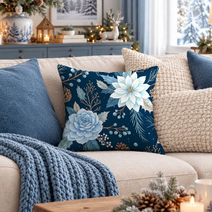 Frosty Winter Flowers And Pine Cones Pillow Art