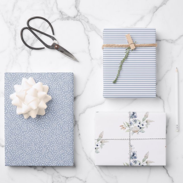 Frosty Winter Foliage Botanical Holiday Dusty Blue Wrapping Paper Sheets (Front)