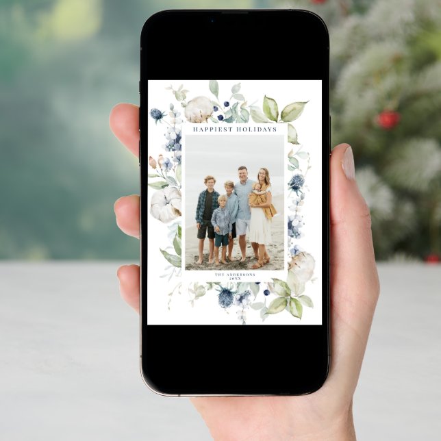 Frosty Winter Foliage Frame Holiday Photo Card (Front Digital)