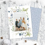 Frosty Winter Foliage Frame Holiday Photo Card<br><div class="desc">This elegant and classic holiday photo card features your photo framed by beautiful watercolor leaves, berries, and other greenery over a simple white background. The greeting on the front says "HAPPIEST HOLIDAYS" in a classic serif font. The back of the card has a simple sage green and white diagonal stripe...</div>