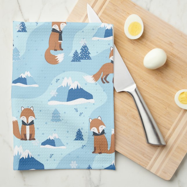 Frosty Winter Foxes Kitchen Towel (Quarter Fold)