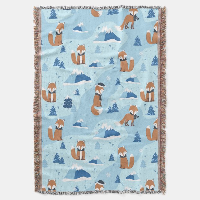 Frosty Winter Foxes Throw Blanket (Front Vertical)